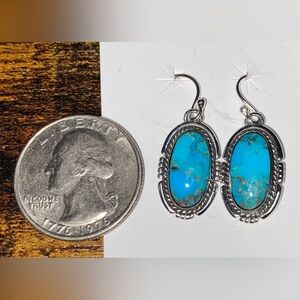 Arizona Turquoise and 925 Sterling Silver ( closed back) Oval Dangle Earrings